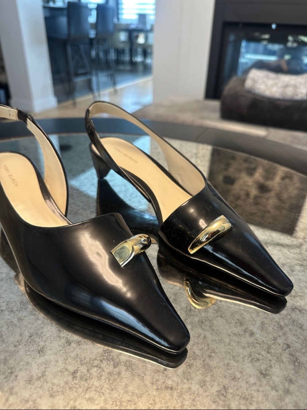 Tory Burch Black Pointed Slingback Pumps with Gold Accent